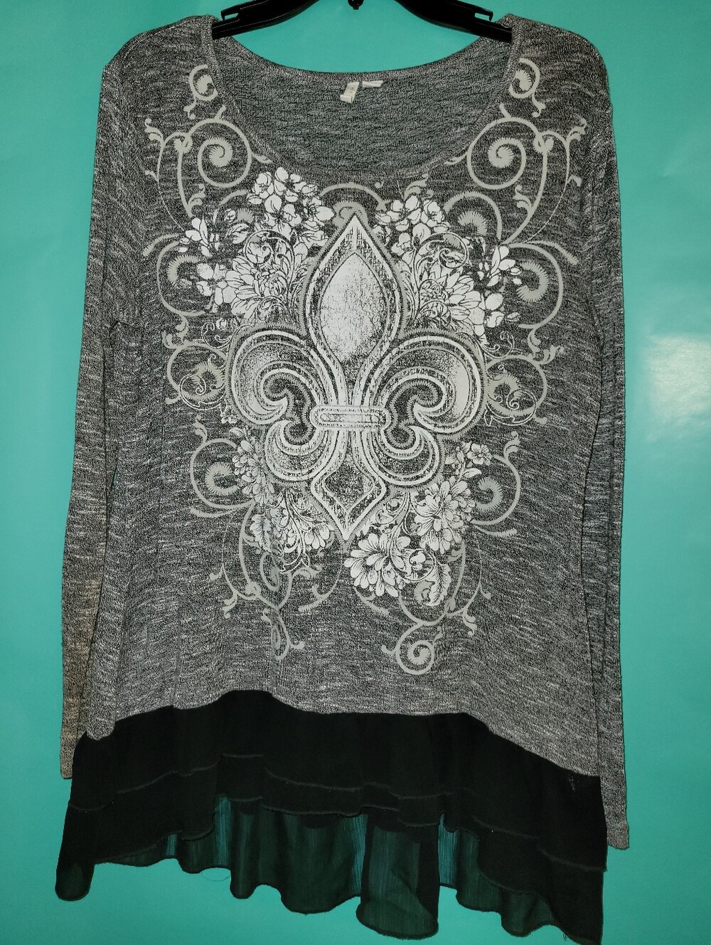 Women's Gray Fleur-de-Lis Layered Hem Top